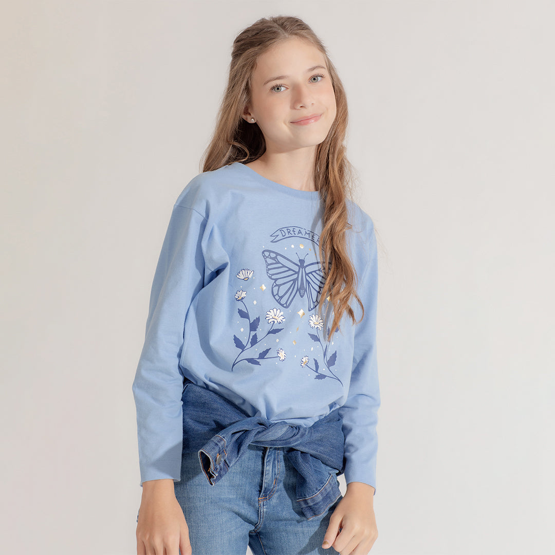 Remera Frutas Mariposa Celeste Manga Larga