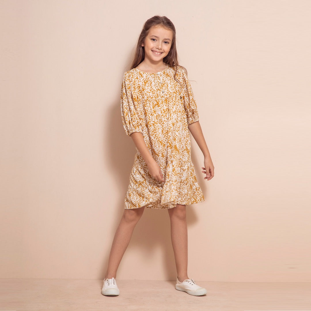 Vestido Pilar Ocre con Florcitas blancas