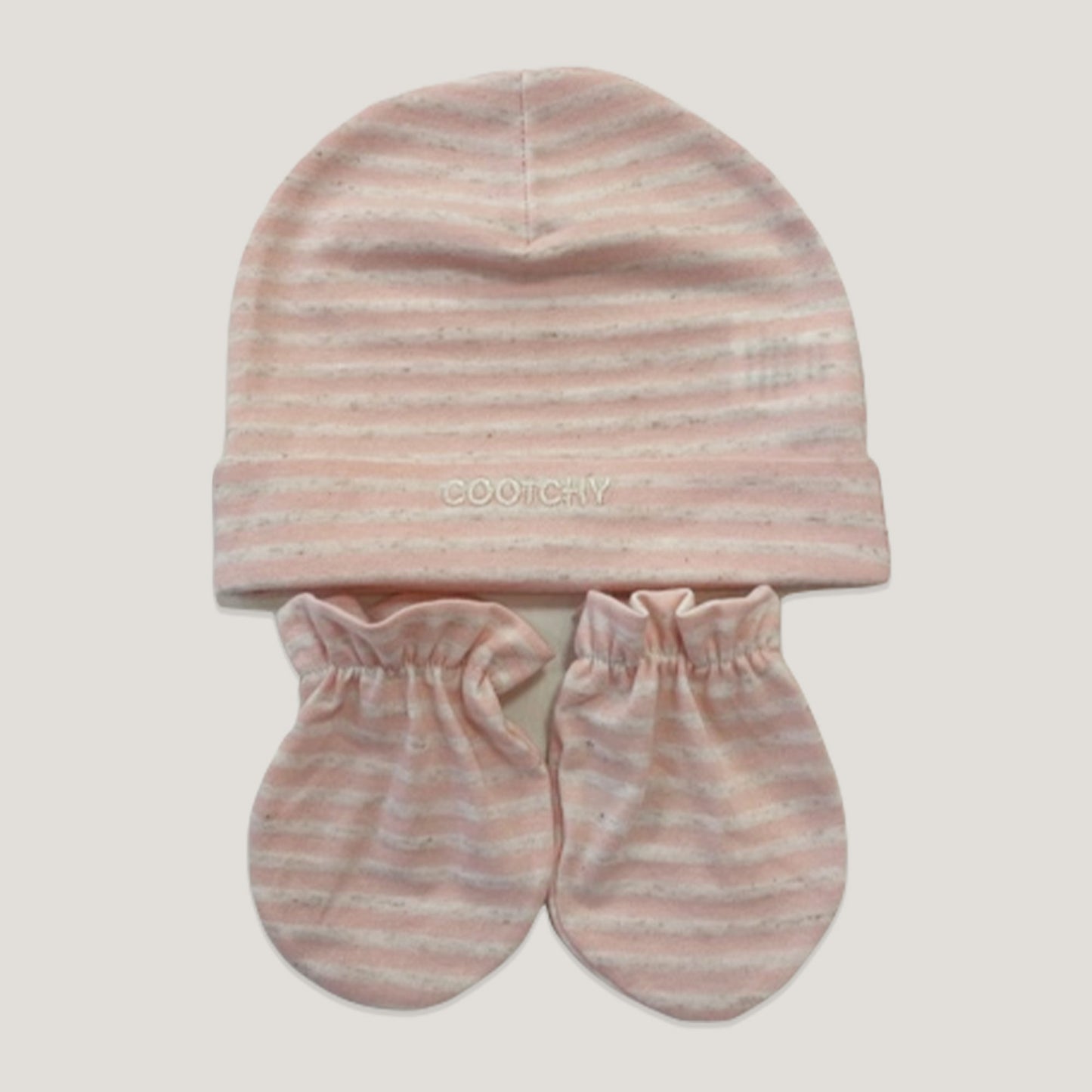 Conjunto de gorro y manopla rayas rosa