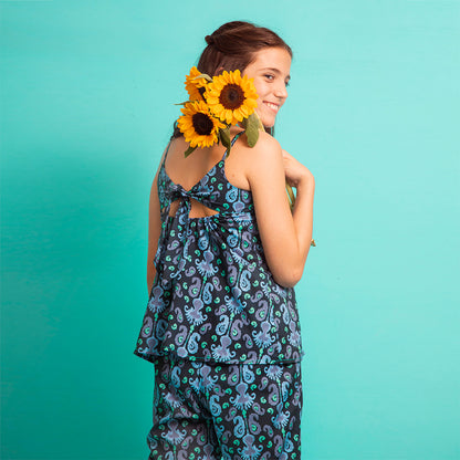 Blusa solera nudo estampado azul