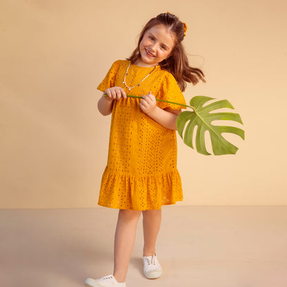 Vestido Marta con manga abullonada ocre