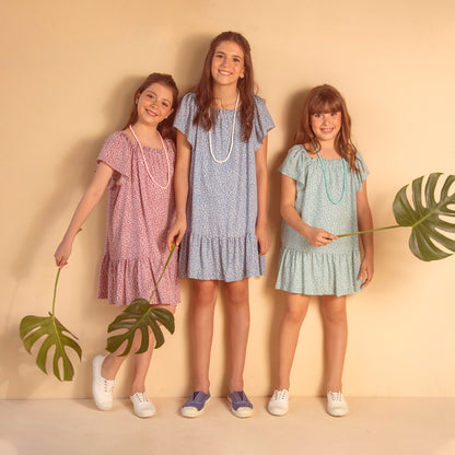 Vestido Juana azul con hojas natural